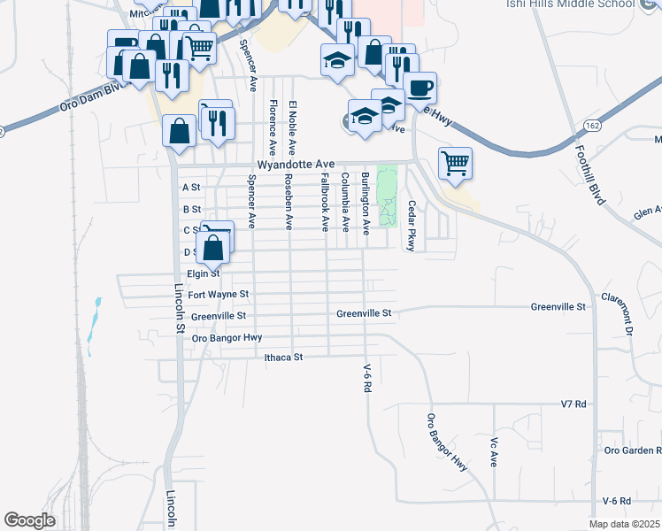 map of restaurants, bars, coffee shops, grocery stores, and more near 3553 Fallbrook Avenue in Oroville