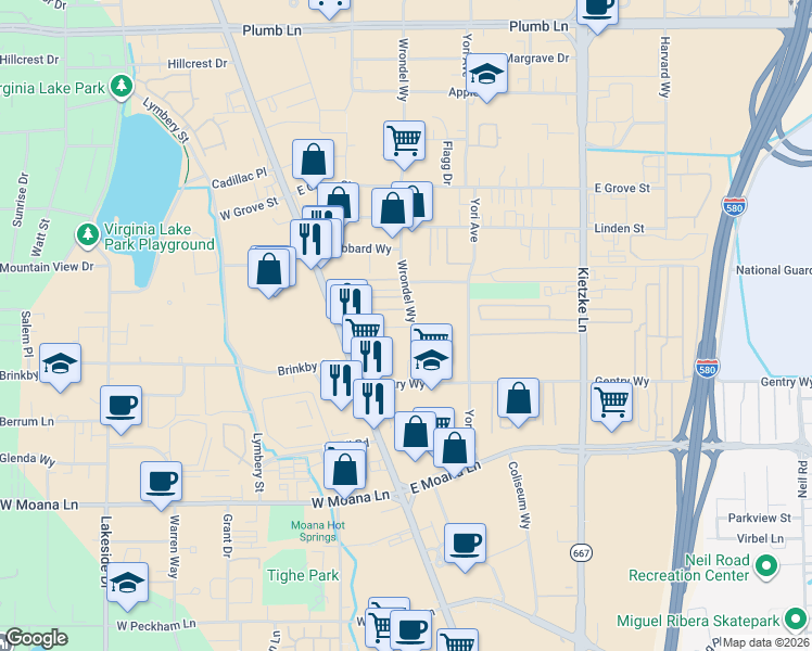 map of restaurants, bars, coffee shops, grocery stores, and more near 2875 Wrondel Way in Reno