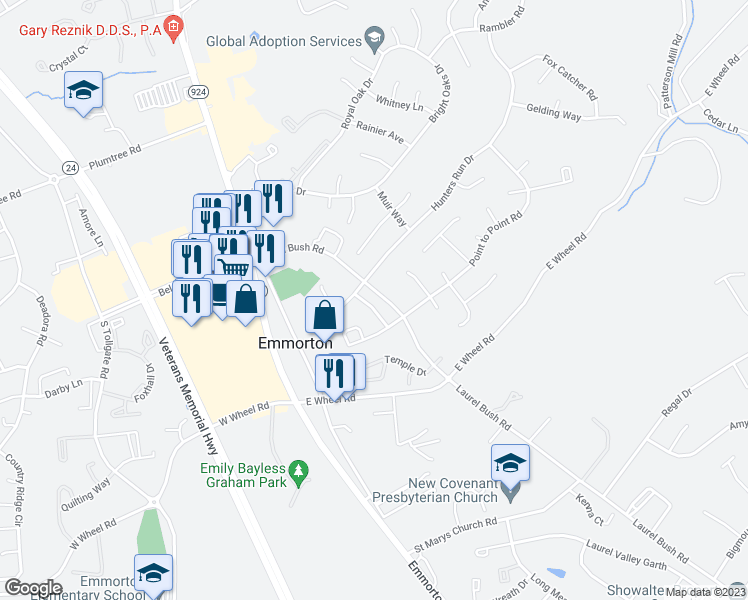map of restaurants, bars, coffee shops, grocery stores, and more near 2217 Hunter's Chase in Bel Air