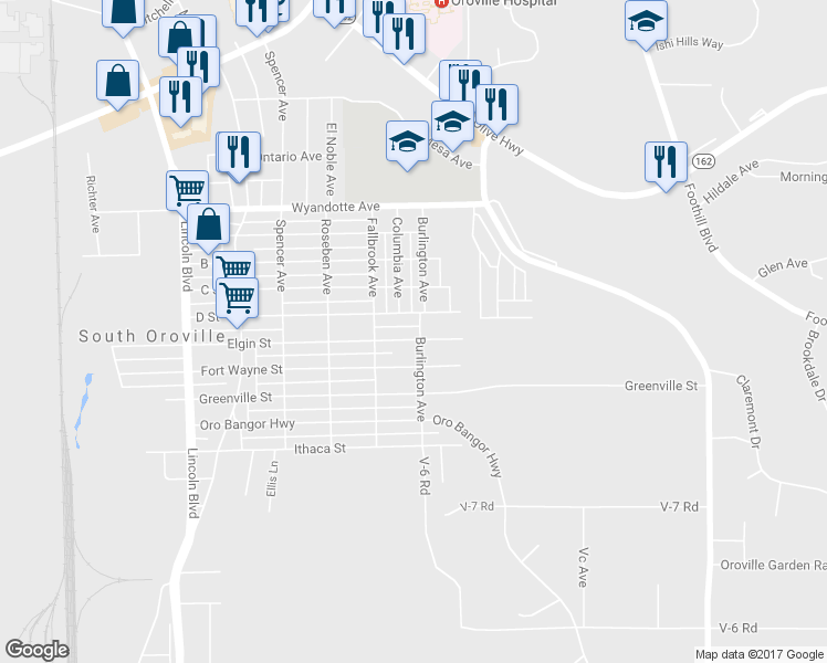 map of restaurants, bars, coffee shops, grocery stores, and more near 2770 Elgin Street in Oroville