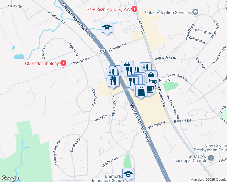 map of restaurants, bars, coffee shops, grocery stores, and more near 18 Bel Air South Parkway in Bel Air
