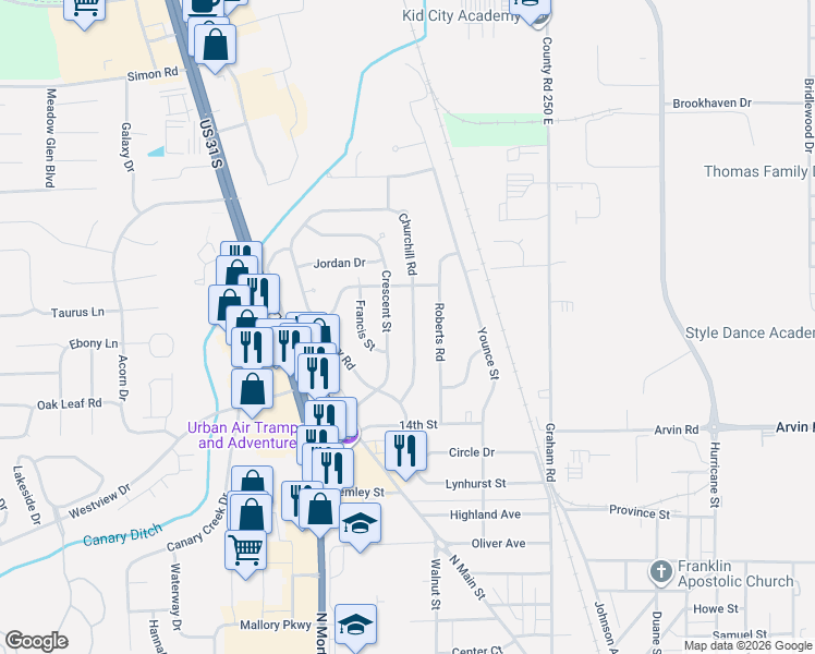 map of restaurants, bars, coffee shops, grocery stores, and more near 1542 Churchill Road in Franklin