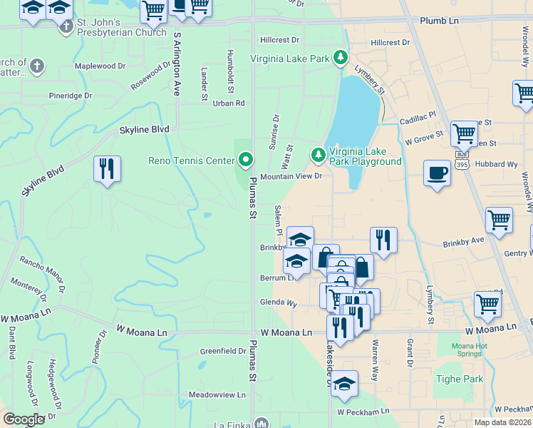 map of restaurants, bars, coffee shops, grocery stores, and more near 2796 Plumas Street in Reno