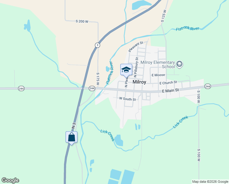 map of restaurants, bars, coffee shops, grocery stores, and more near 300 South West Street in Milroy