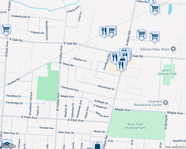 map of restaurants, bars, coffee shops, grocery stores, and more near 1169 Sharp Road in Vineland
