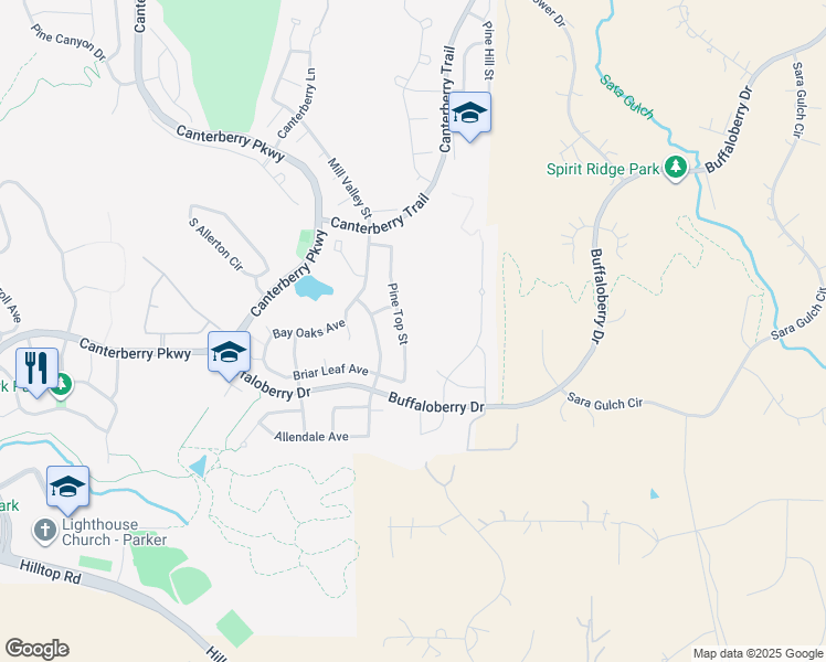 map of restaurants, bars, coffee shops, grocery stores, and more near 12102 Pine Top Street in Parker