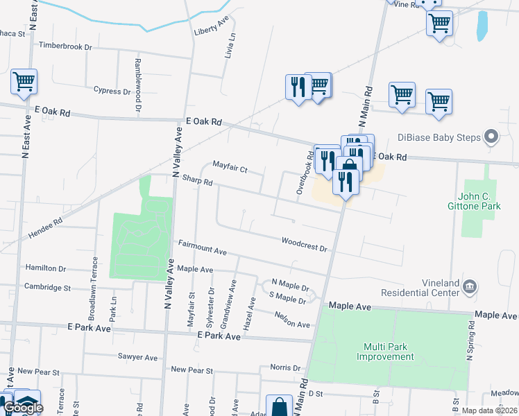 map of restaurants, bars, coffee shops, grocery stores, and more near 573 Sandy Court in Vineland