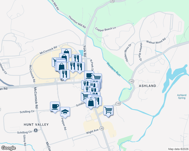 map of restaurants, bars, coffee shops, grocery stores, and more near 4 North Park Drive in Cockeysville
