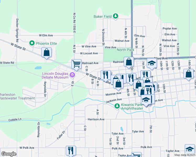 map of restaurants, bars, coffee shops, grocery stores, and more near 100 West State Street in Charleston