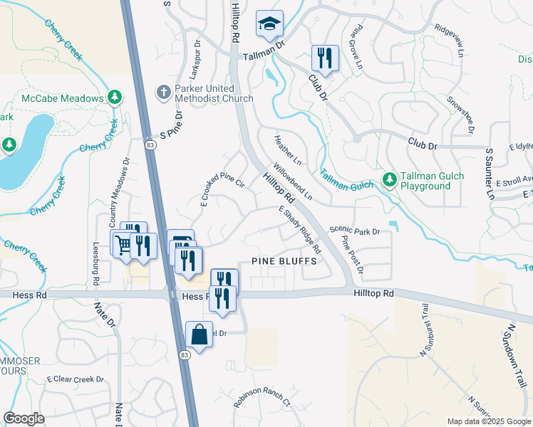 map of restaurants, bars, coffee shops, grocery stores, and more near 20335 Spruce Point Place in Parker