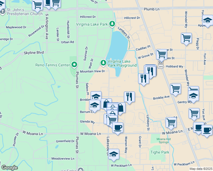 map of restaurants, bars, coffee shops, grocery stores, and more near 2955 Lakeside Drive in Reno