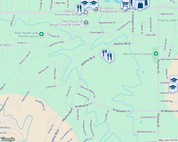map of restaurants, bars, coffee shops, grocery stores, and more near 145 Greenridge Drive in Reno