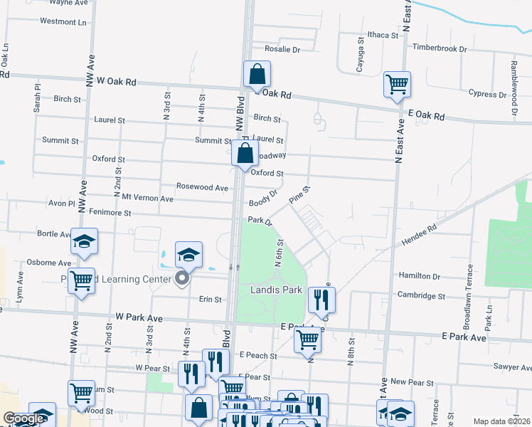 map of restaurants, bars, coffee shops, grocery stores, and more near 510 Park Drive in Vineland