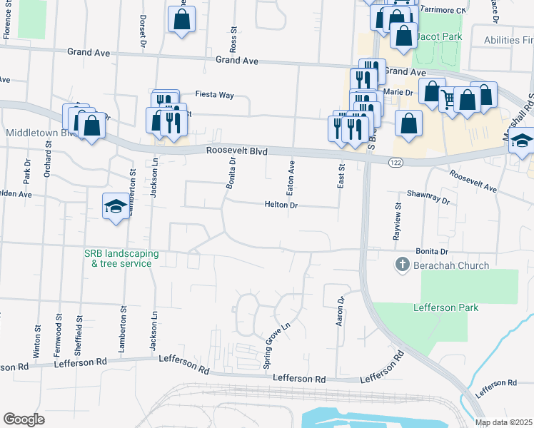 map of restaurants, bars, coffee shops, grocery stores, and more near 4017 Bonita Drive in Middletown