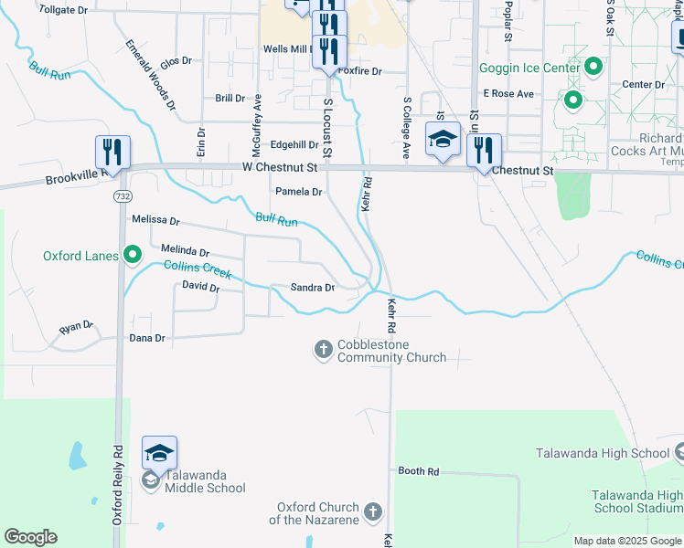 map of restaurants, bars, coffee shops, grocery stores, and more near 316 Sandra Drive in Oxford