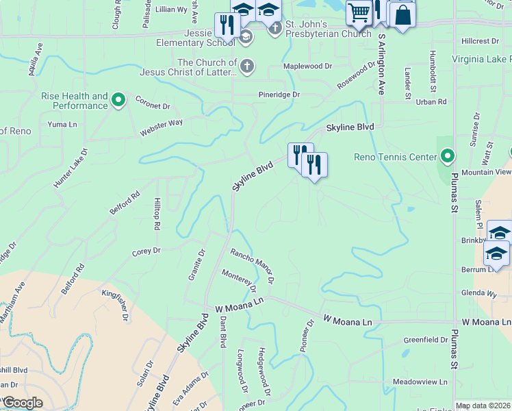 map of restaurants, bars, coffee shops, grocery stores, and more near 145 Greenridge Drive in Reno