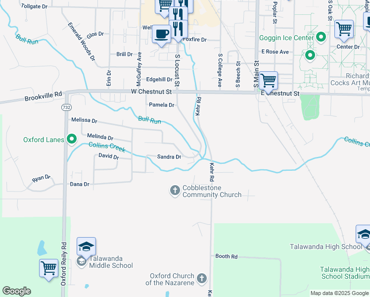 map of restaurants, bars, coffee shops, grocery stores, and more near 316 Sandra Drive in Oxford