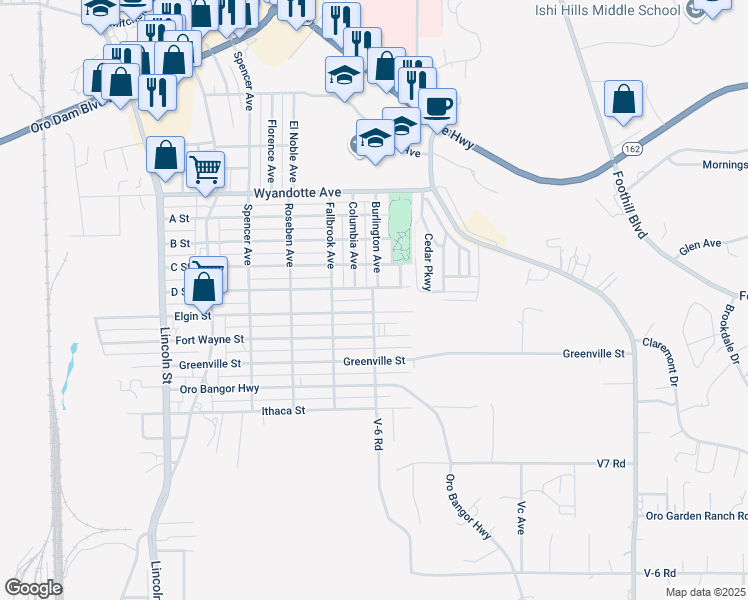 map of restaurants, bars, coffee shops, grocery stores, and more near Burlington Avenue in Oroville