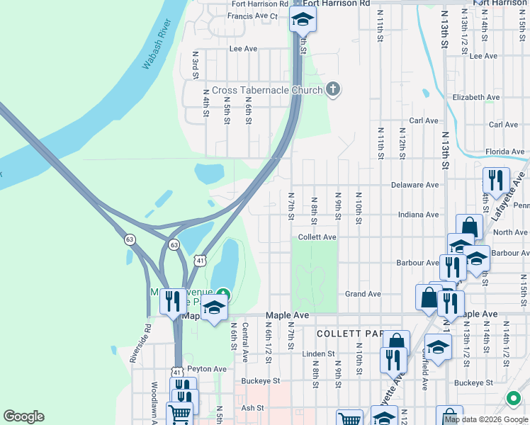 map of restaurants, bars, coffee shops, grocery stores, and more near 601-649 Indiana Avenue in Terre Haute