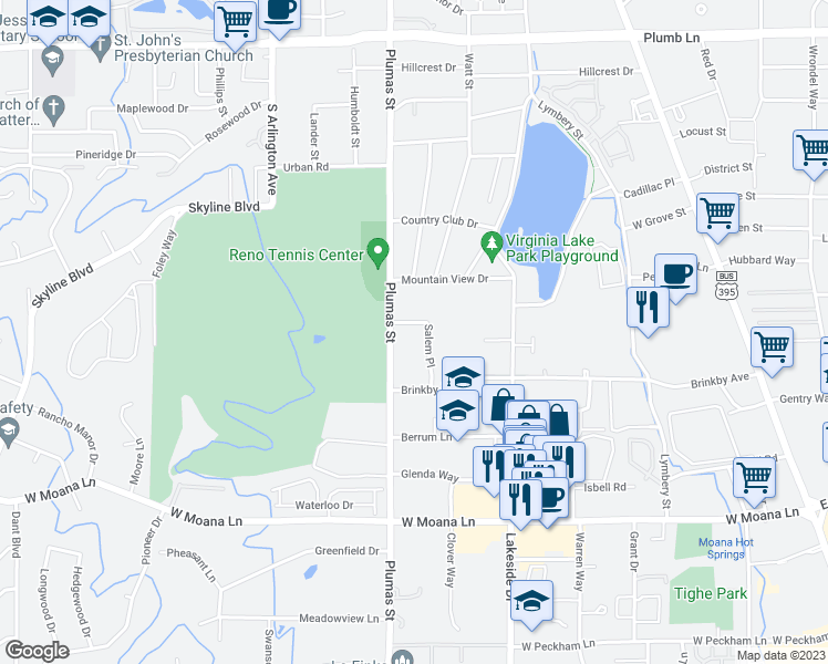 map of restaurants, bars, coffee shops, grocery stores, and more near 1250 Salem Place in Reno