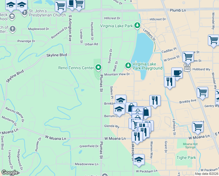 map of restaurants, bars, coffee shops, grocery stores, and more near 2908 Salem Place in Reno