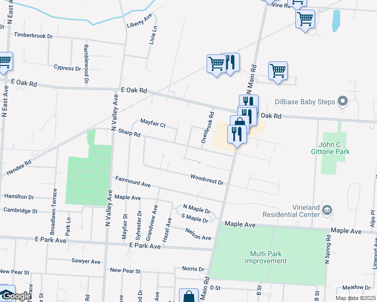map of restaurants, bars, coffee shops, grocery stores, and more near 1169 Sharp Road in Vineland