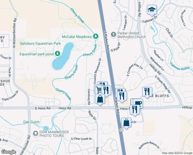 map of restaurants, bars, coffee shops, grocery stores, and more near 12544 Country Meadows Drive in Parker