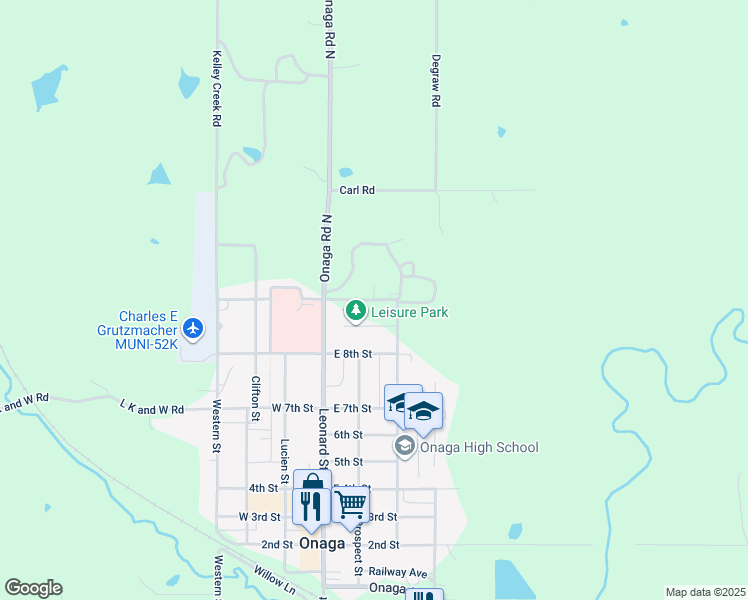 map of restaurants, bars, coffee shops, grocery stores, and more near East 9th Street in Onaga