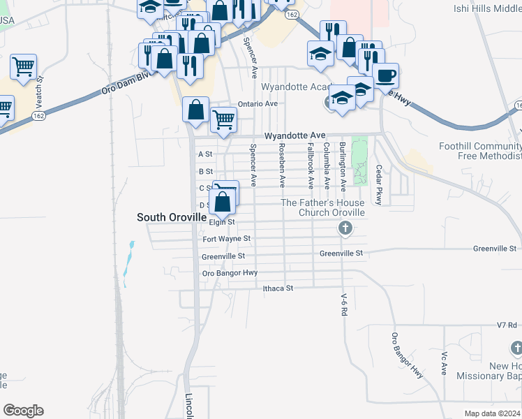 map of restaurants, bars, coffee shops, grocery stores, and more near 2237 D Street in Oroville