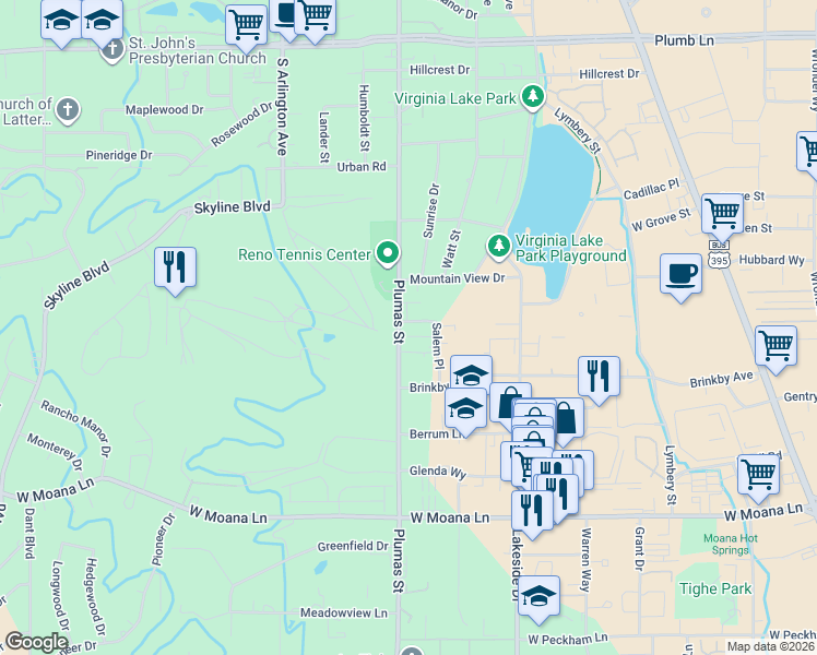 map of restaurants, bars, coffee shops, grocery stores, and more near 2796 Plumas Street in Reno