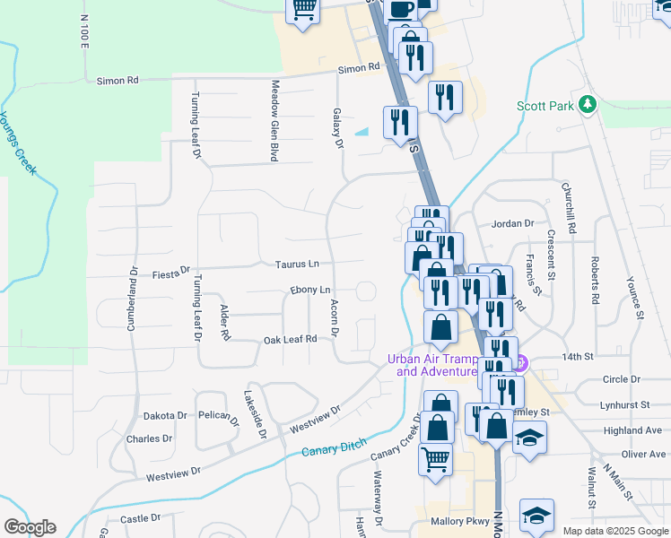 map of restaurants, bars, coffee shops, grocery stores, and more near 1839 Acorn Road in Franklin