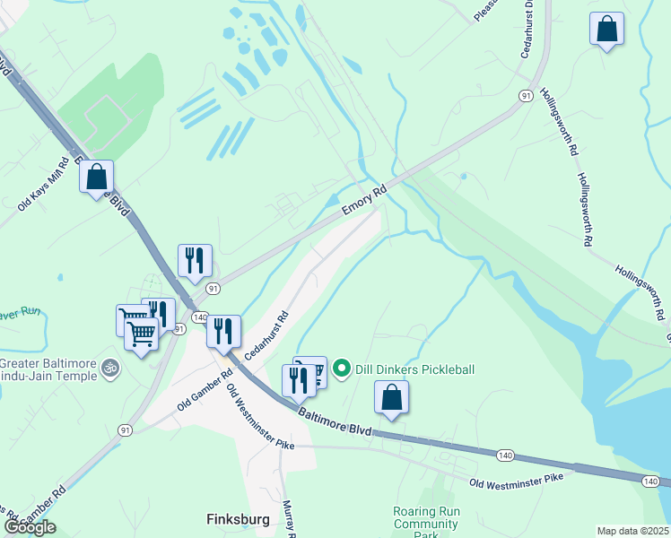 map of restaurants, bars, coffee shops, grocery stores, and more near 2807 Cedarhurst Road in Finksburg