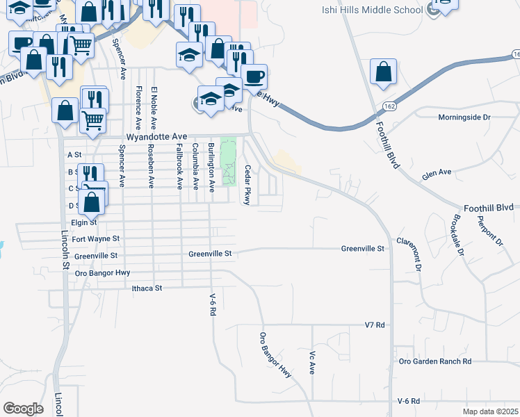map of restaurants, bars, coffee shops, grocery stores, and more near 209 Elm Parkway in Oroville