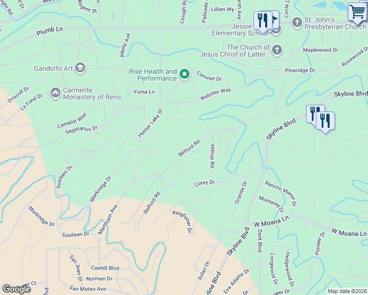 map of restaurants, bars, coffee shops, grocery stores, and more near 1660 Belford Road in Reno