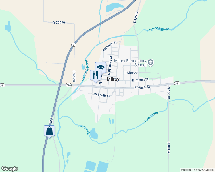 map of restaurants, bars, coffee shops, grocery stores, and more near 111 West Main Street in Milroy