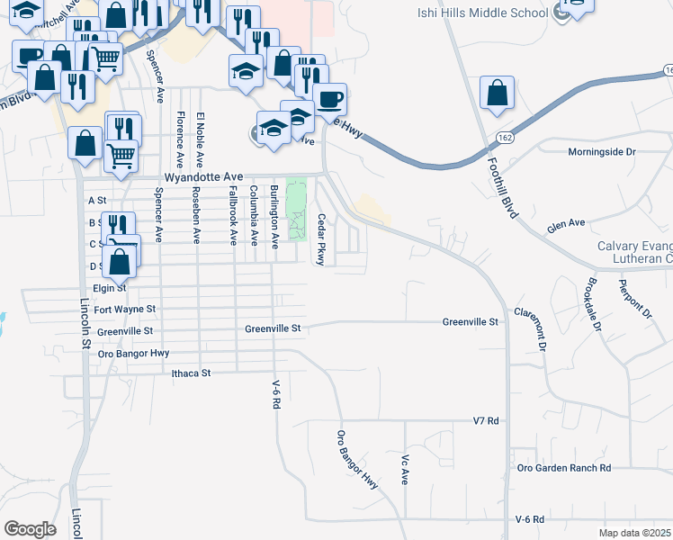 map of restaurants, bars, coffee shops, grocery stores, and more near 209 Elm Parkway in Oroville