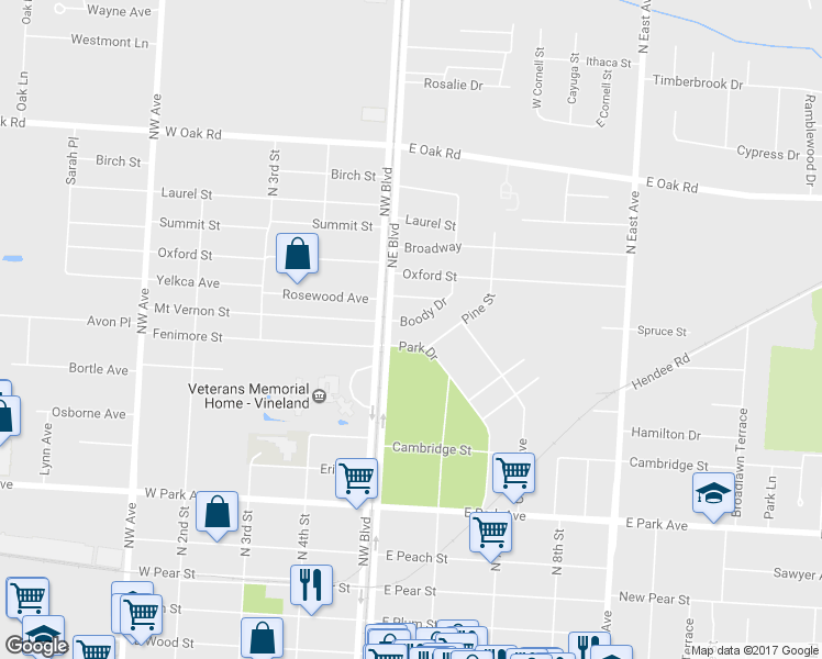 map of restaurants, bars, coffee shops, grocery stores, and more near 509 Boody Drive in Vineland