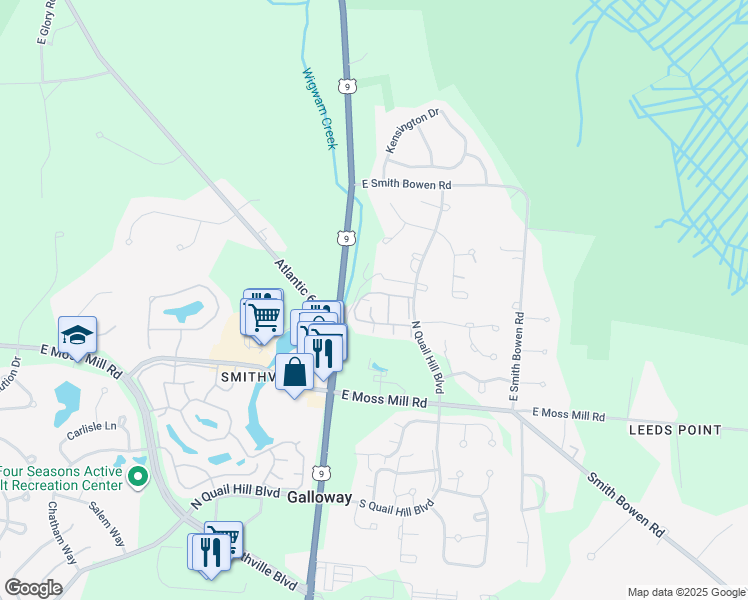 map of restaurants, bars, coffee shops, grocery stores, and more near 748 East Fishers Creek Road in Galloway