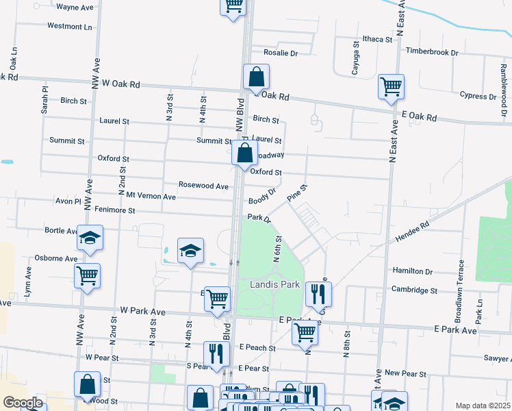map of restaurants, bars, coffee shops, grocery stores, and more near 509 Boody Drive in Vineland