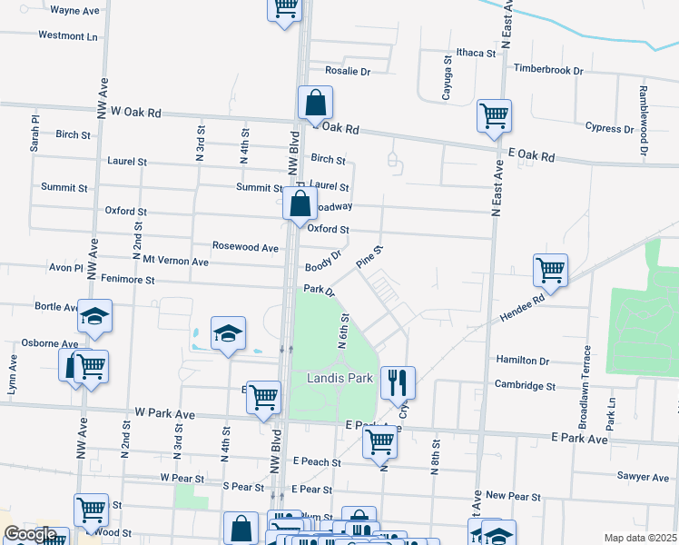map of restaurants, bars, coffee shops, grocery stores, and more near 546 East Park Avenue in Vineland