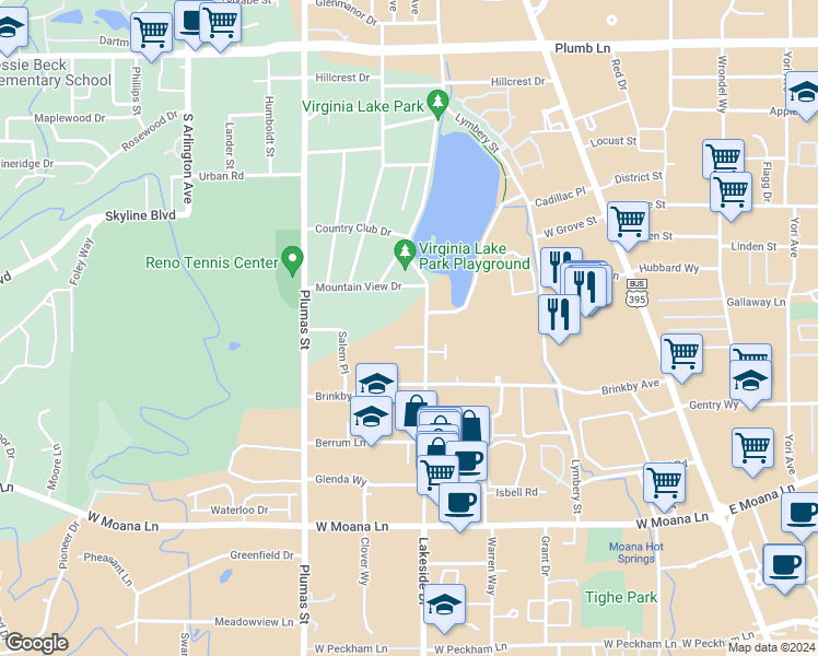 map of restaurants, bars, coffee shops, grocery stores, and more near 2955 Lakeside Drive in Reno