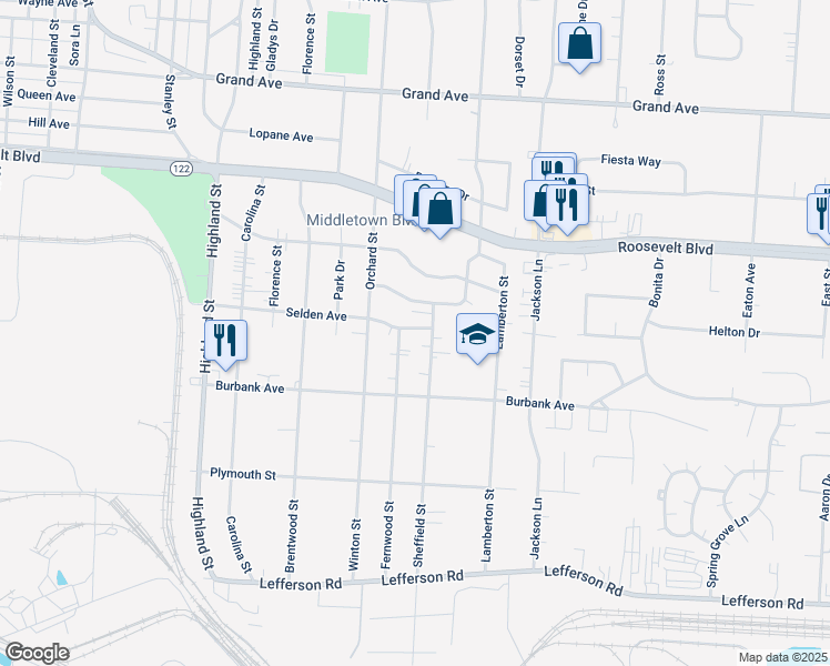 map of restaurants, bars, coffee shops, grocery stores, and more near 1731 Fernwood Street in Middletown