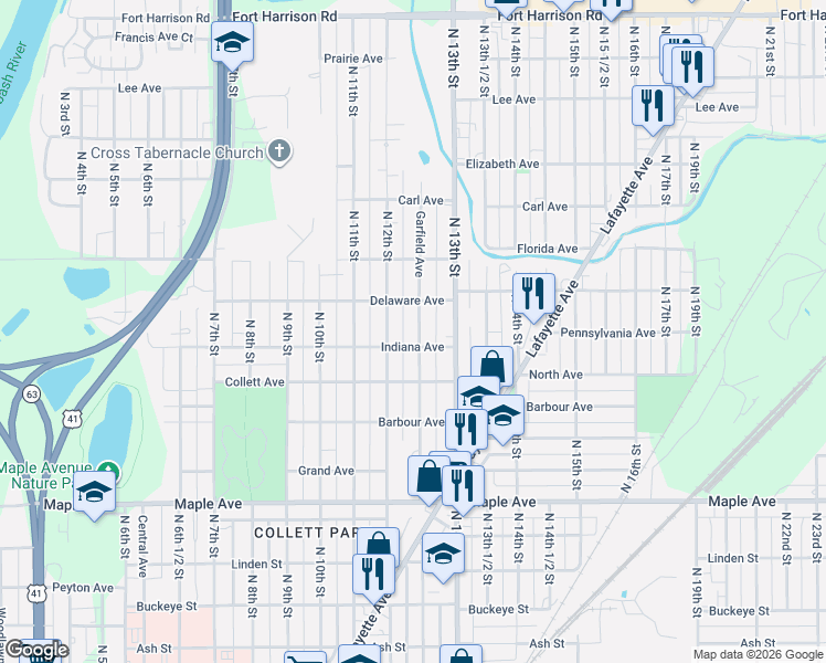 map of restaurants, bars, coffee shops, grocery stores, and more near 2415 Garfield Avenue in Terre Haute