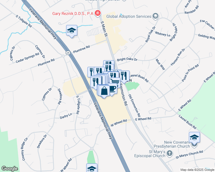 map of restaurants, bars, coffee shops, grocery stores, and more near 5 Bel Air South Parkway in Bel Air
