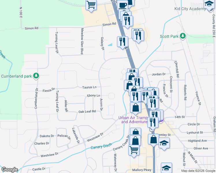map of restaurants, bars, coffee shops, grocery stores, and more near 1047 Ebony Circle in Franklin