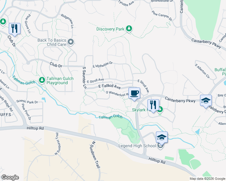 map of restaurants, bars, coffee shops, grocery stores, and more near 21578 East Wanderlust Place in Parker
