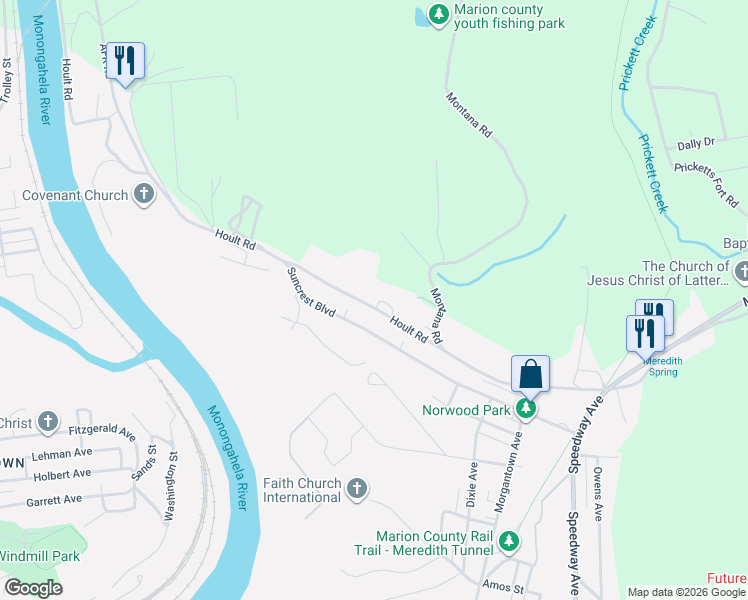 map of restaurants, bars, coffee shops, grocery stores, and more near 517 Hoult Road in Fairmont