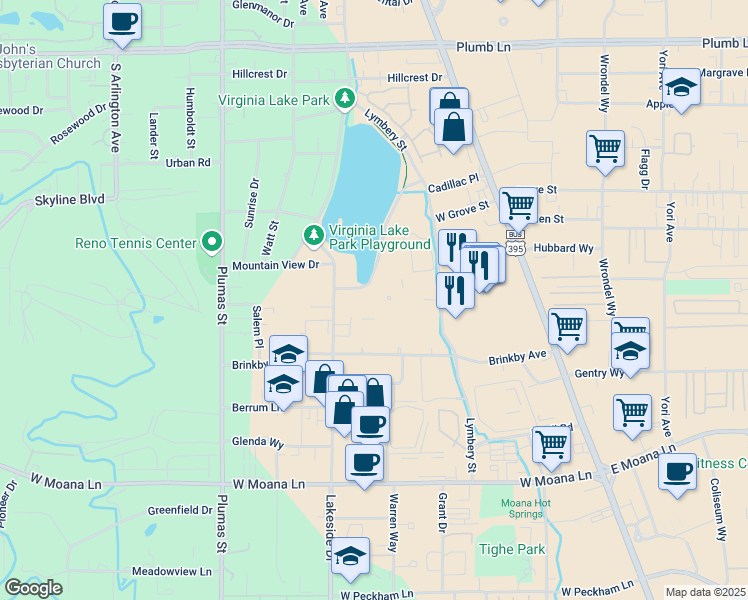 map of restaurants, bars, coffee shops, grocery stores, and more near 2692 Eastshore Drive in Reno