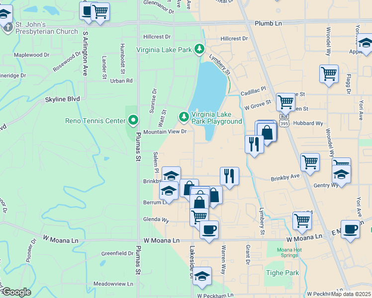 map of restaurants, bars, coffee shops, grocery stores, and more near 2665 Lakeside Drive in Reno