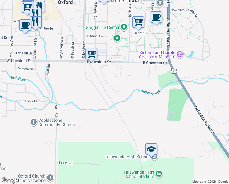 map of restaurants, bars, coffee shops, grocery stores, and more near 120 Acorn Circle in Oxford